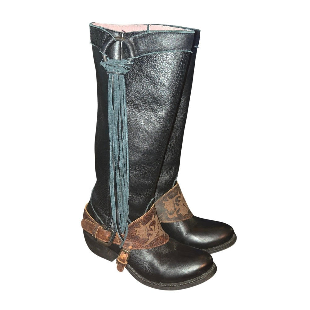 Junk Gypsy by Lane Southbound Boots Women 8 Black & Brown Leather Fringe Harness